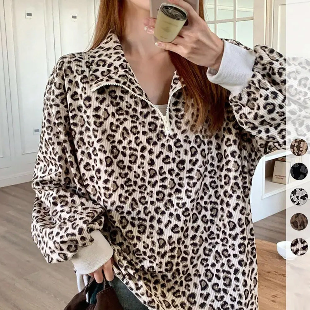 🔥Limited-Time Special Offer|Women's Leopard Print Oversized Half-Zip Pullover – Soft Casual Sweatshirt