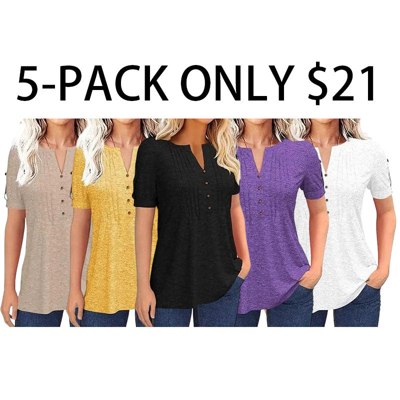Women's V Neck T Shirt – Casual Pleated Button Top, Loose Fit Shor