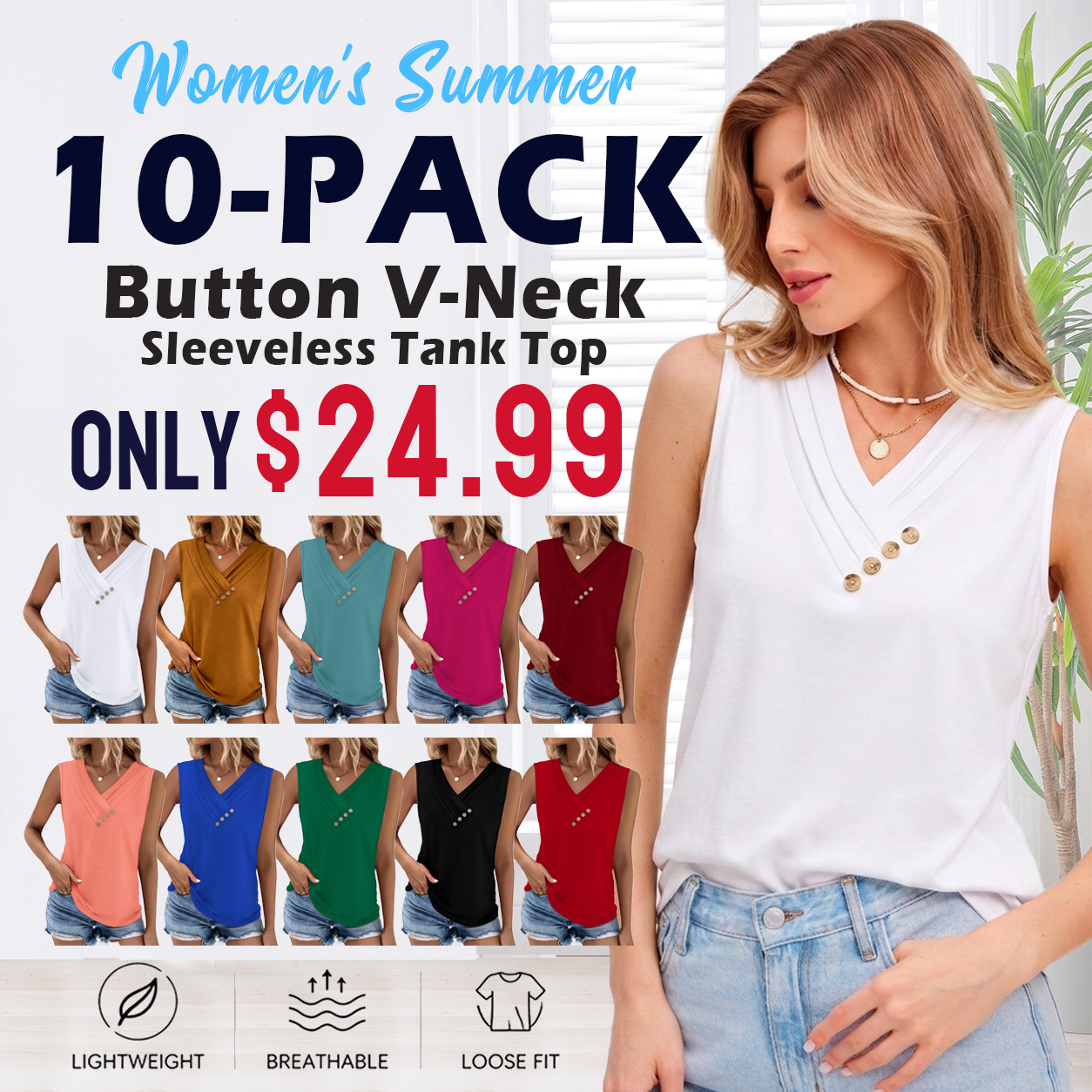 Women Summer Button Down V Neck T Shirts Sleeveless Loose Fit Fashion Tops