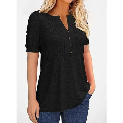 Women's V Neck T Shirt – Casual Pleated Button Top, Loose Fit Shor