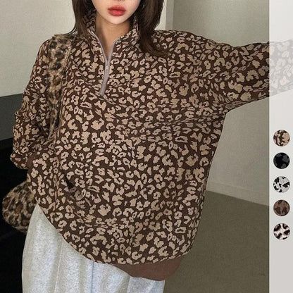 🔥Limited-Time Special Offer|Women's Leopard Print Oversized Half-Zip Pullover – Soft Casual Sweatshirt