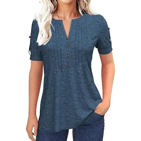 Women's V Neck T Shirt – Casual Pleated Button Top, Loose Fit Shor