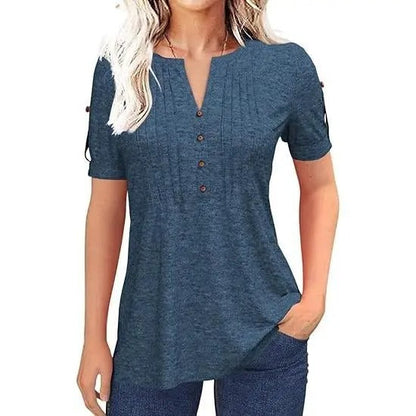 Women's V Neck T Shirt – Casual Pleated Button Top, Loose Fit Shor
