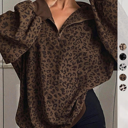 🔥Limited-Time Special Offer|Women's Leopard Print Oversized Half-Zip Pullover – Soft Casual Sweatshirt