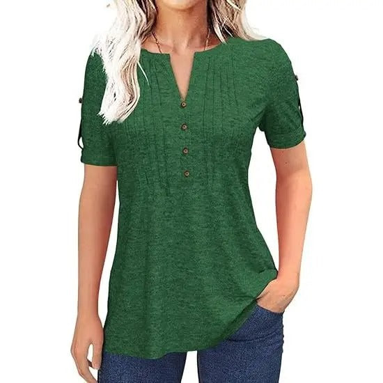 Women's V Neck T Shirt – Casual Pleated Button Top, Loose Fit Shor