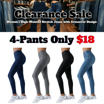 Women's High-Waisted Stretch Jeans with Crossover Design — Slim-Fit Flared Denim Leggings
