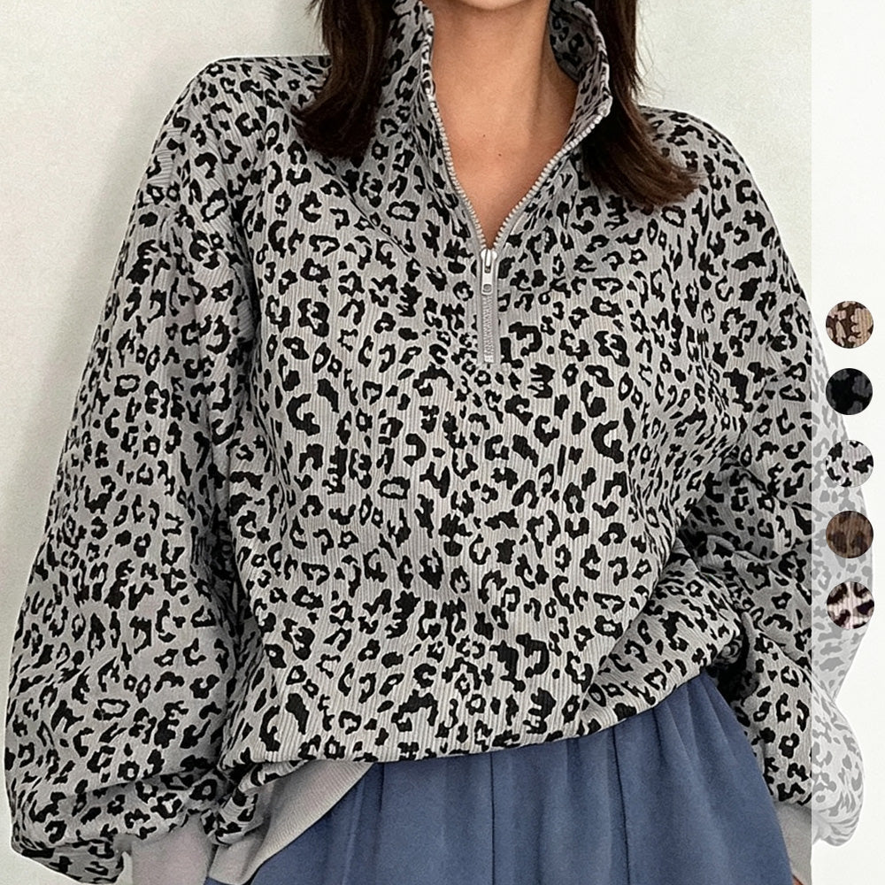 🔥Limited-Time Special Offer|Women's Leopard Print Oversized Half-Zip Pullover – Soft Casual Sweatshirt