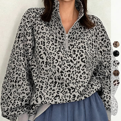 🔥Limited-Time Special Offer|Women's Leopard Print Oversized Half-Zip Pullover – Soft Casual Sweatshirt