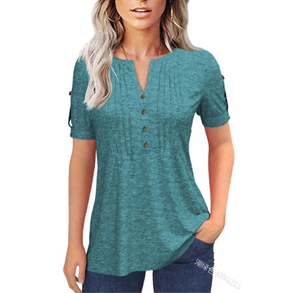 Women's V Neck T Shirt – Casual Pleated Button Top, Loose Fit Shor