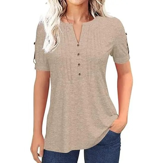 Women's V Neck T Shirt – Casual Pleated Button Top, Loose Fit Shor