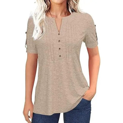 Women's V Neck T Shirt – Casual Pleated Button Top, Loose Fit Shor