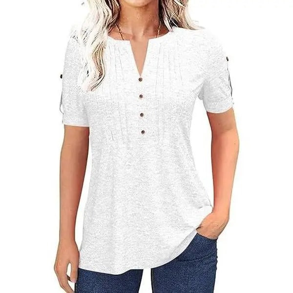 Women's V Neck T Shirt – Casual Pleated Button Top, Loose Fit Shor