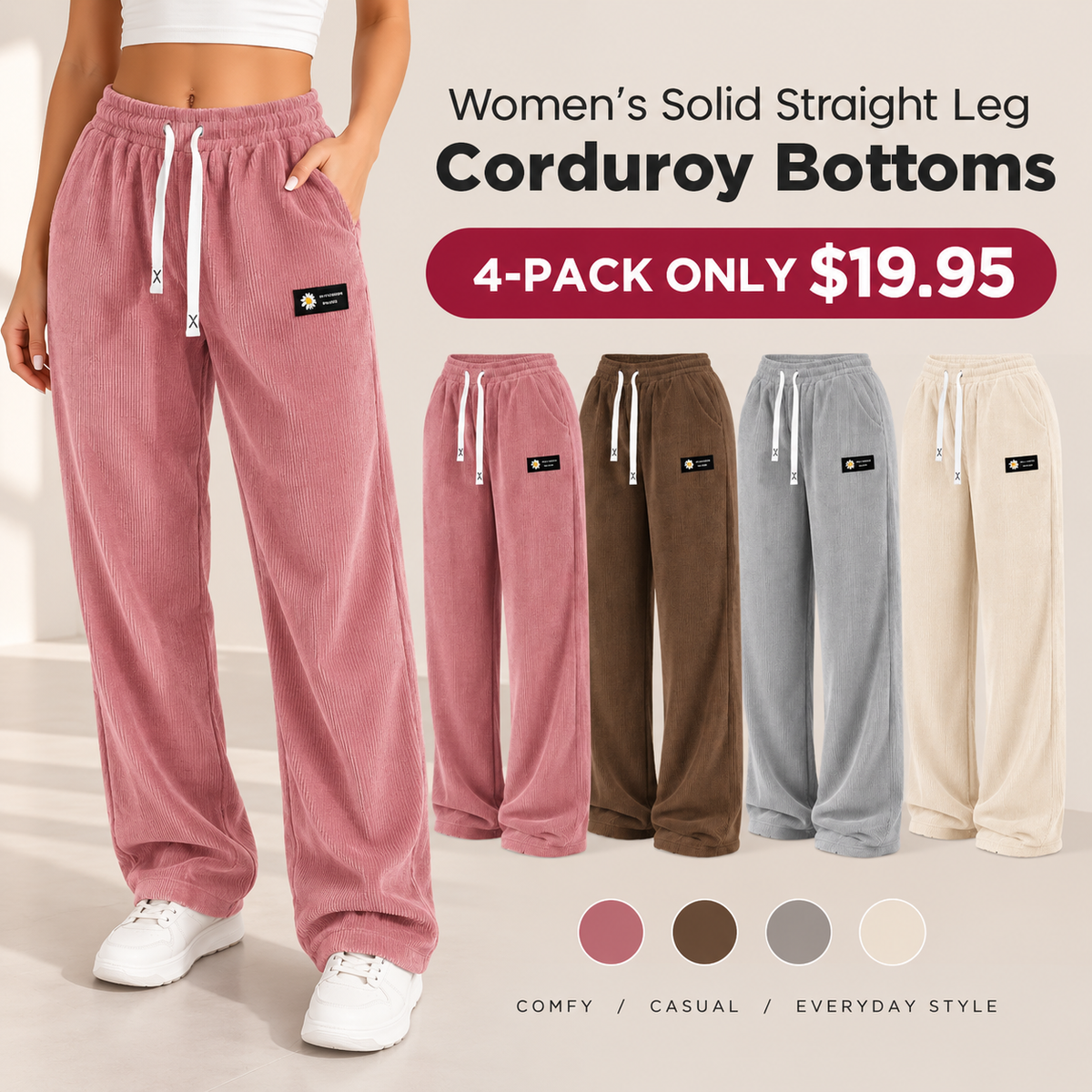 Women's Solid Straight Leg Corduroy Bottoms-100% Cotton