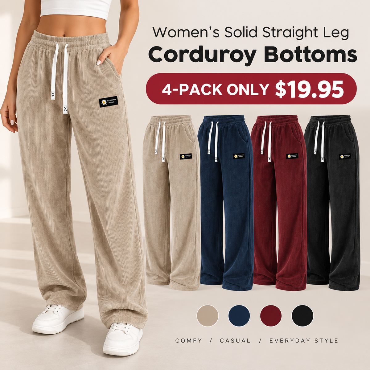 Women's Solid Straight Leg Corduroy Bottoms-100% Cotton