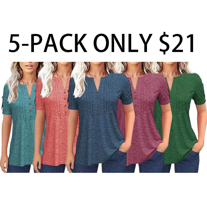 Women's V Neck T Shirt – Casual Pleated Button Top, Loose Fit Shor