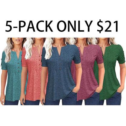 Women's V Neck T Shirt – Casual Pleated Button Top, Loose Fit Shor