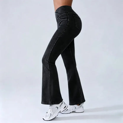 Women's High-Waisted Stretch Jeans with Crossover Design — Slim-Fit Flared Denim Leggings