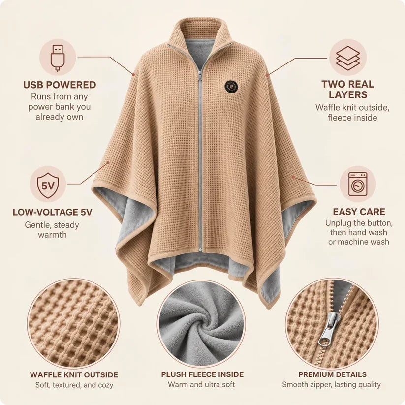 Black Friday Sale | Washable Fleece USB Heated Wrap Poncho