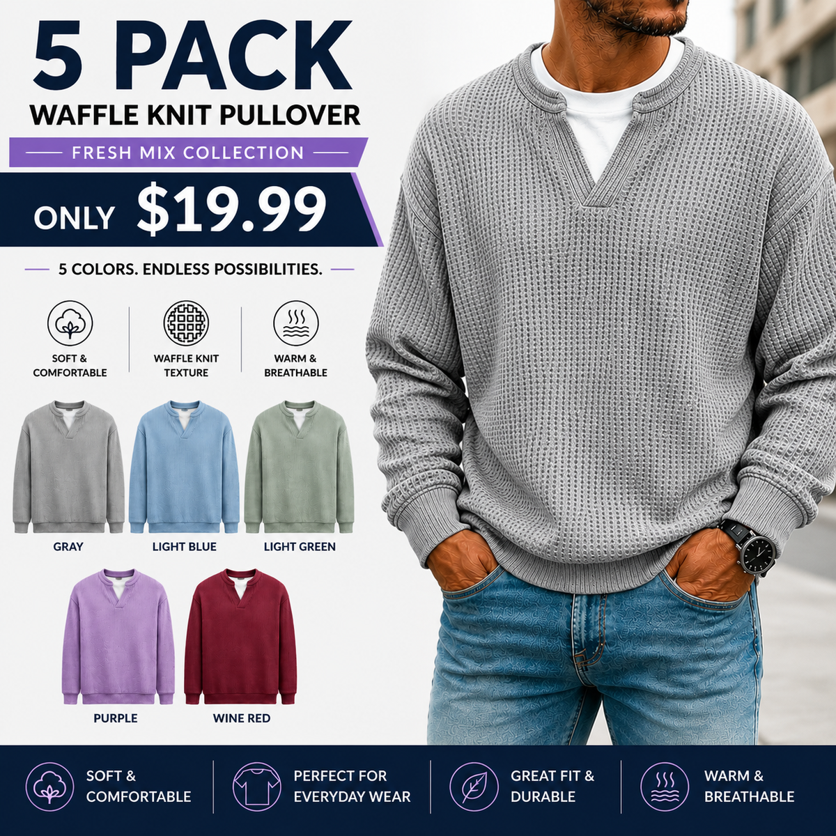 Men's Layered Comfort Waffle Knit Pullover – Soft Thermal Long Sleeve Sweater