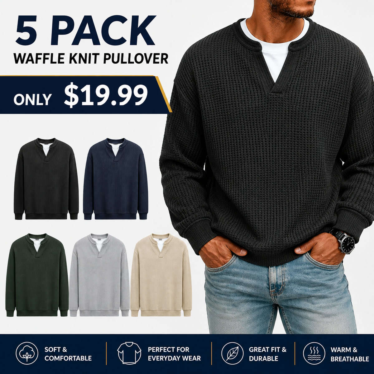 Men's Layered Comfort Waffle Knit Pullover – Soft Thermal Long Sleeve Sweater