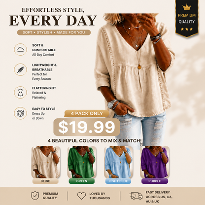 Casual Women's Sleeve Ruffled V-Neck Pullover Top in Multiple Colors