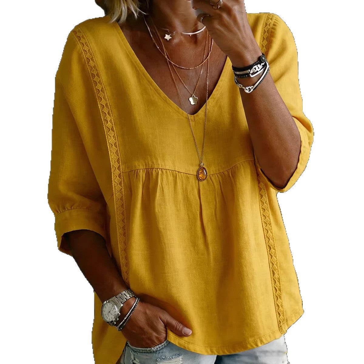 Casual Women's Sleeve Ruffled V-Neck Pullover Top in Multiple Colors