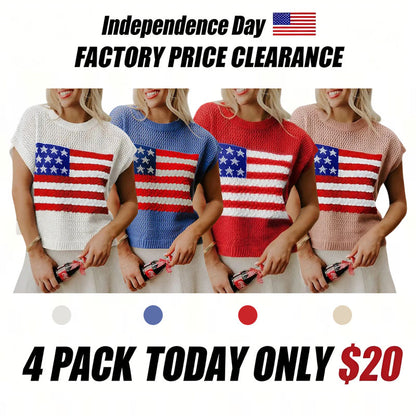🔥4th of July Sale 🇺🇸 Women’s American Flag Graphic Knit Sweater Short Sleeve Casual Streetwear Top