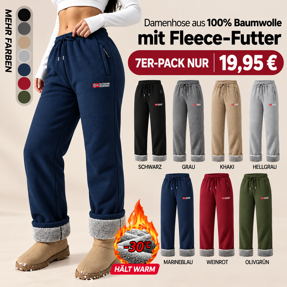 Damen-Thermohose aus 100 % Baumwolle mit warmem Fleecefutter