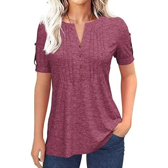 Women's V Neck T Shirt – Casual Pleated Button Top, Loose Fit Shor