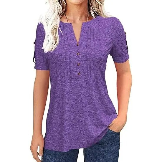 Women's V Neck T Shirt – Casual Pleated Button Top, Loose Fit Shor