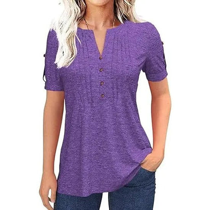 Women's V Neck T Shirt – Casual Pleated Button Top, Loose Fit Shor
